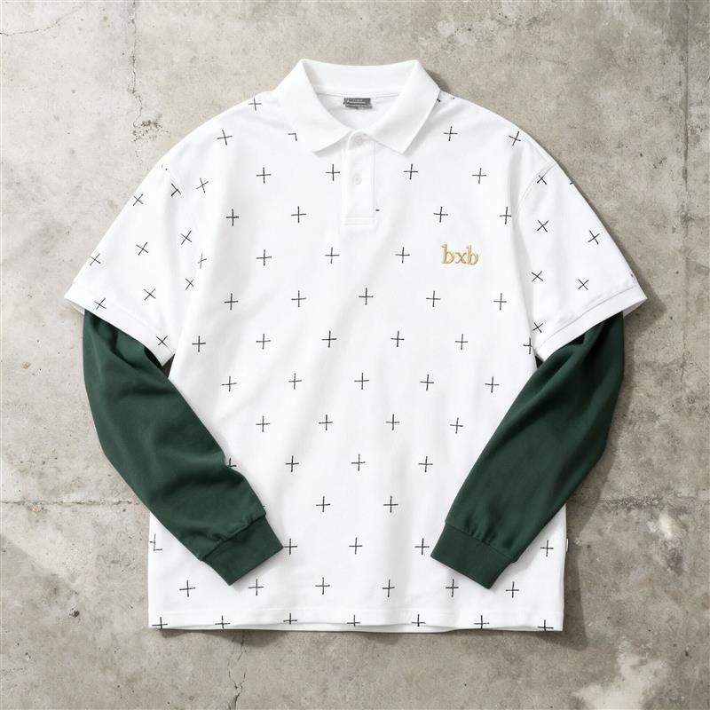 Minimal Cross Pattern Layered Polo – White & Forest Green Long-Sleeve Combo