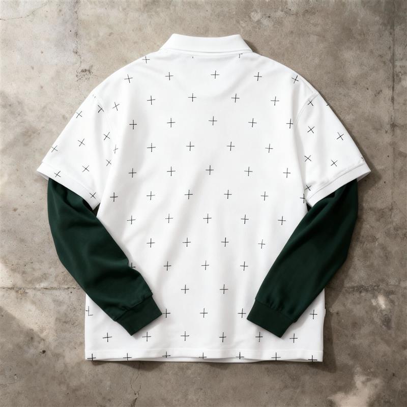 Minimal Cross Pattern Layered Polo – White & Forest Green Long-Sleeve Combo