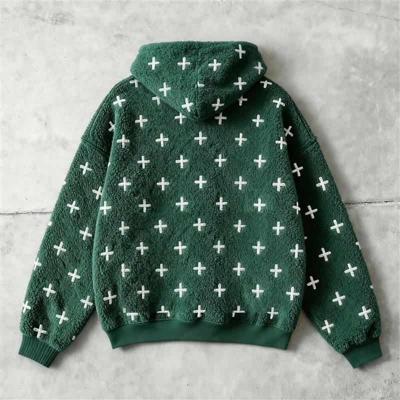 Emerald Cross Fleece Hoodie – Ultra-Soft Sherpa B×B Pullover