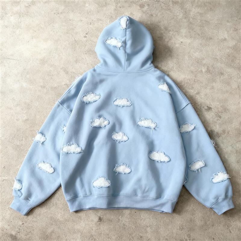Sky Blue Cloud Patch Hoodie – Distressed Appliqué Oversized B×B Sweatshirt