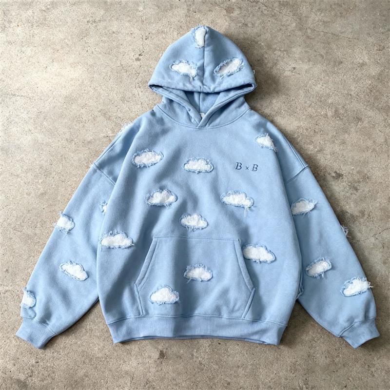 Sky Blue Cloud Patch Hoodie – Distressed Appliqué Oversized B×B Sweatshirt